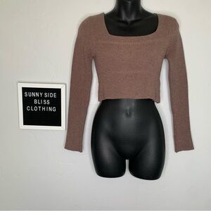 Brown Ribbed Square Neck Long Sleeve Stretch Crop Top Fall Basic Small